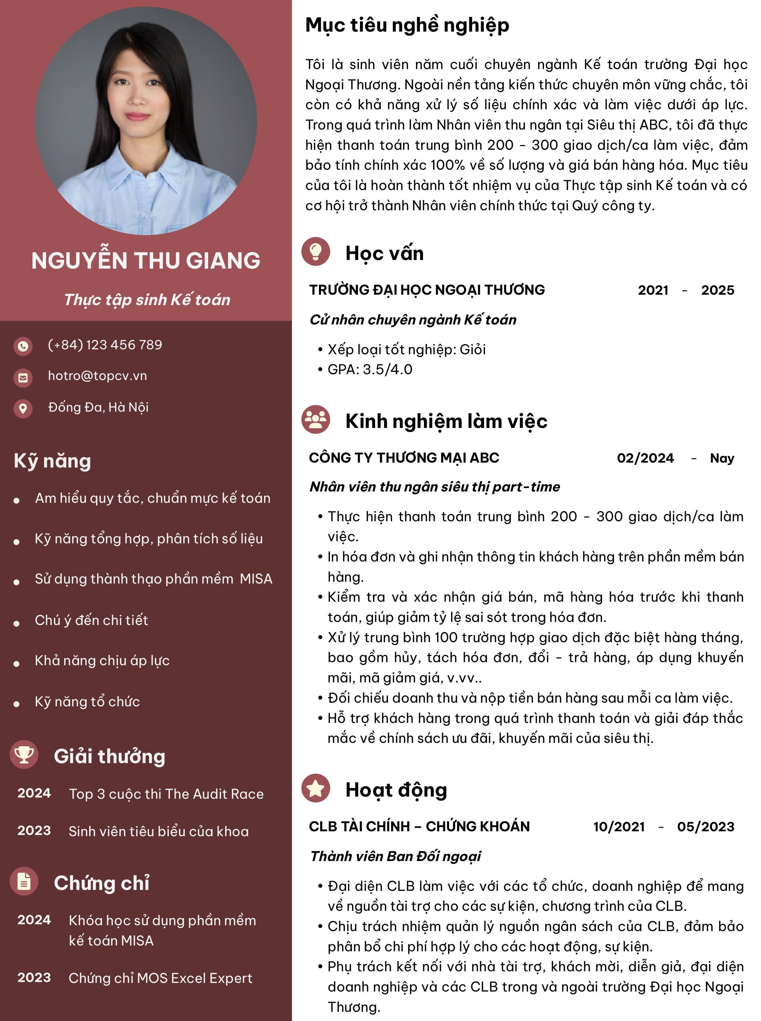 Mẫu CV dành cho ứng viên chưa có kinh nghiệm liên quan