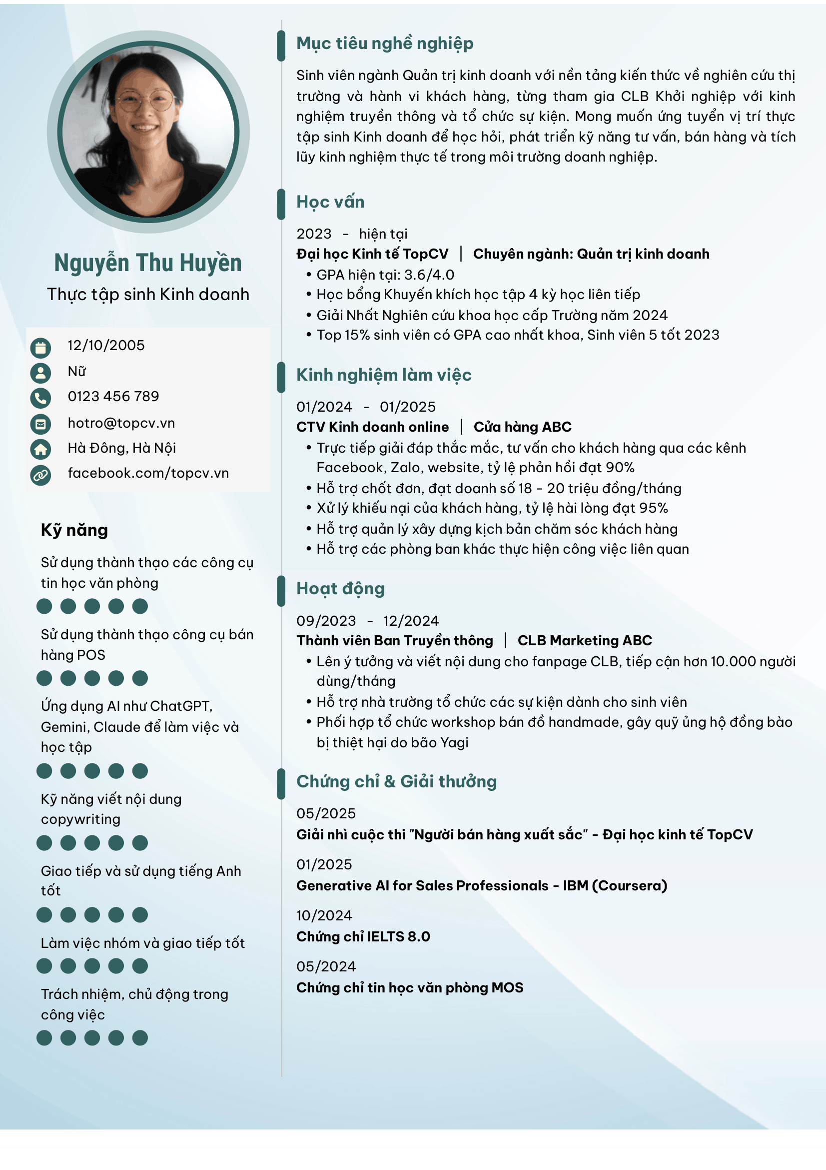 CV Thực tập sinh Kinh doanh