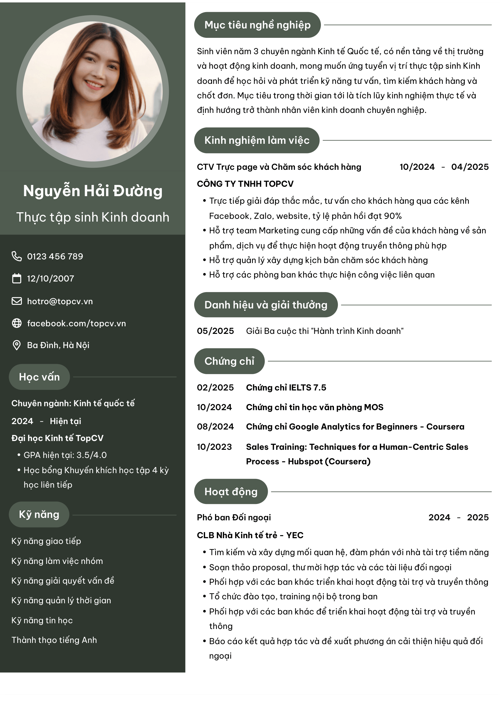 Mẫu CV Thực tập sinh Kinh doanh hiện đại