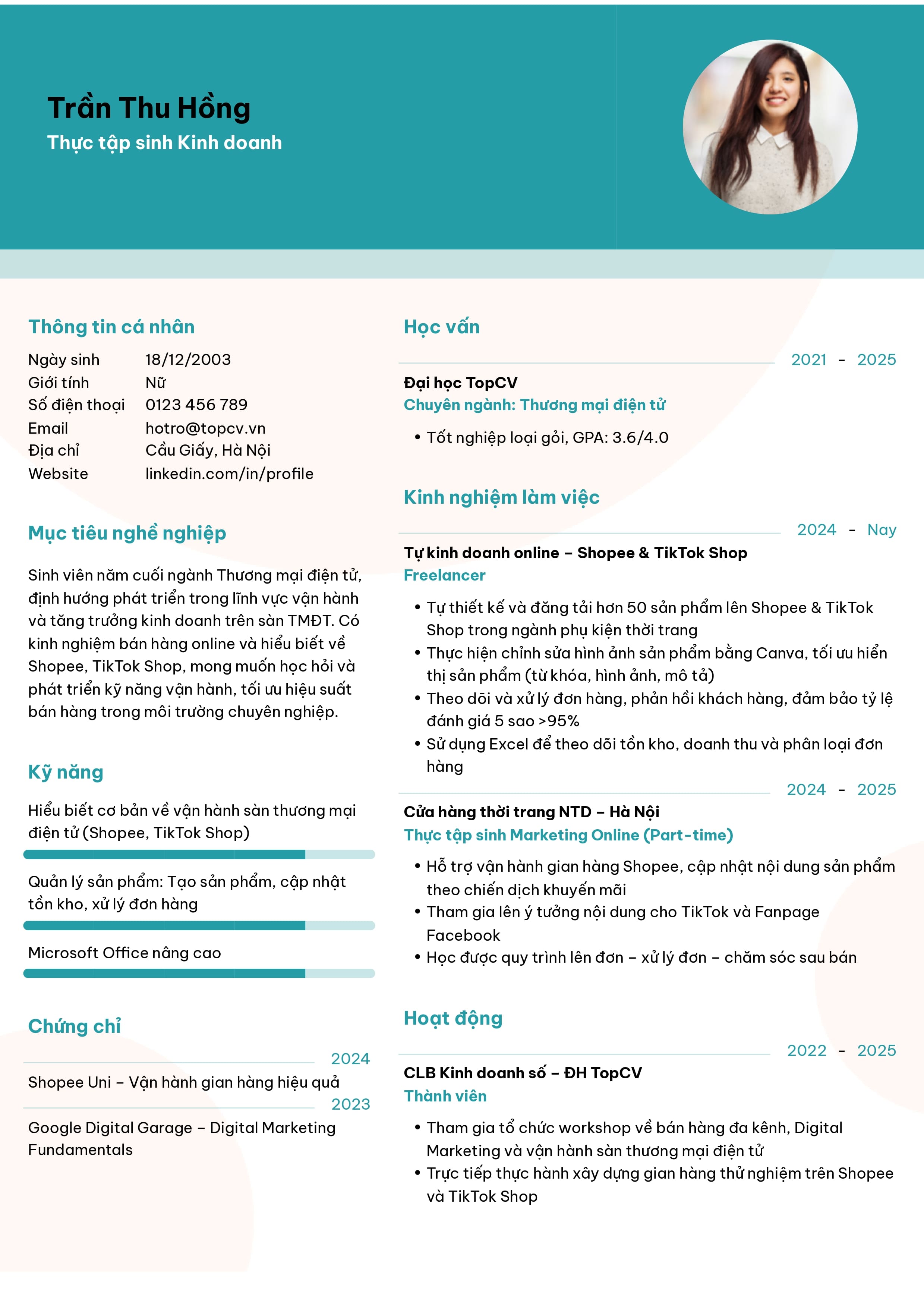 Mẫu CV Thực tập sinh kinh doanh đơn giản