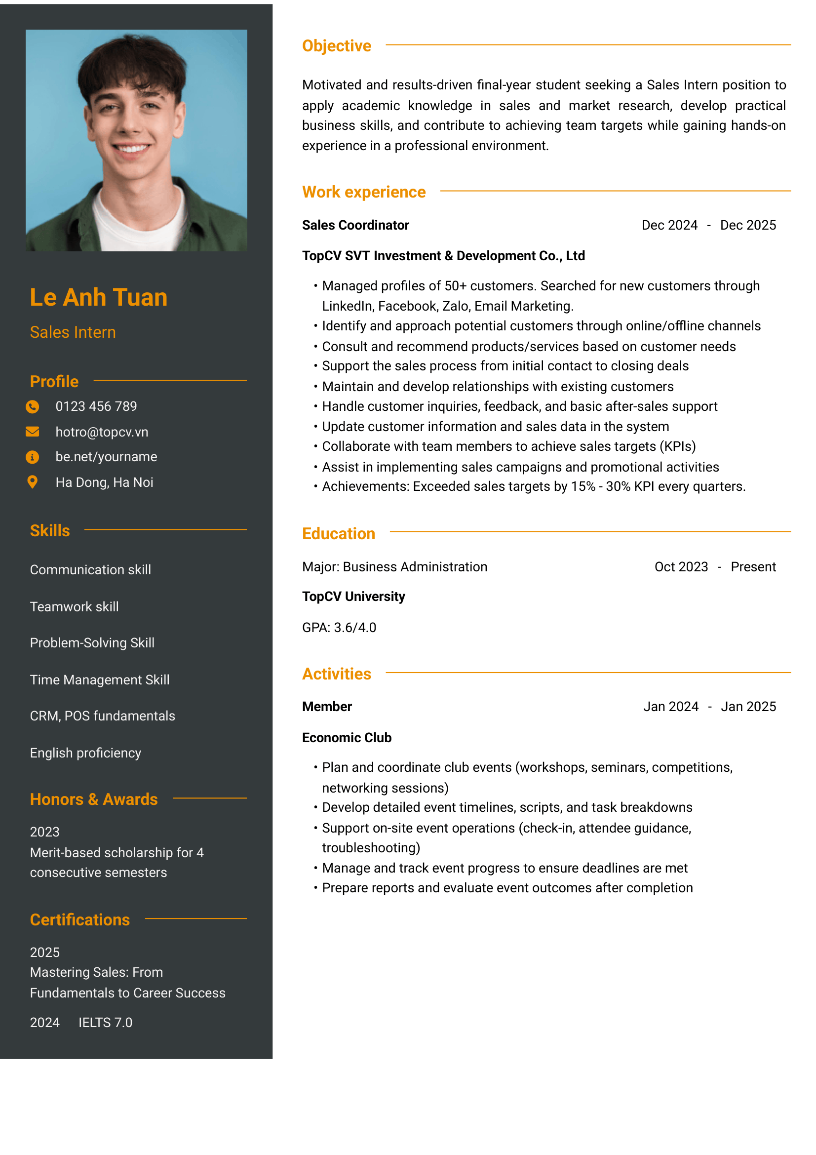Mẫu CV Thực tập sinh kinh doanh bằng tiếng Anh