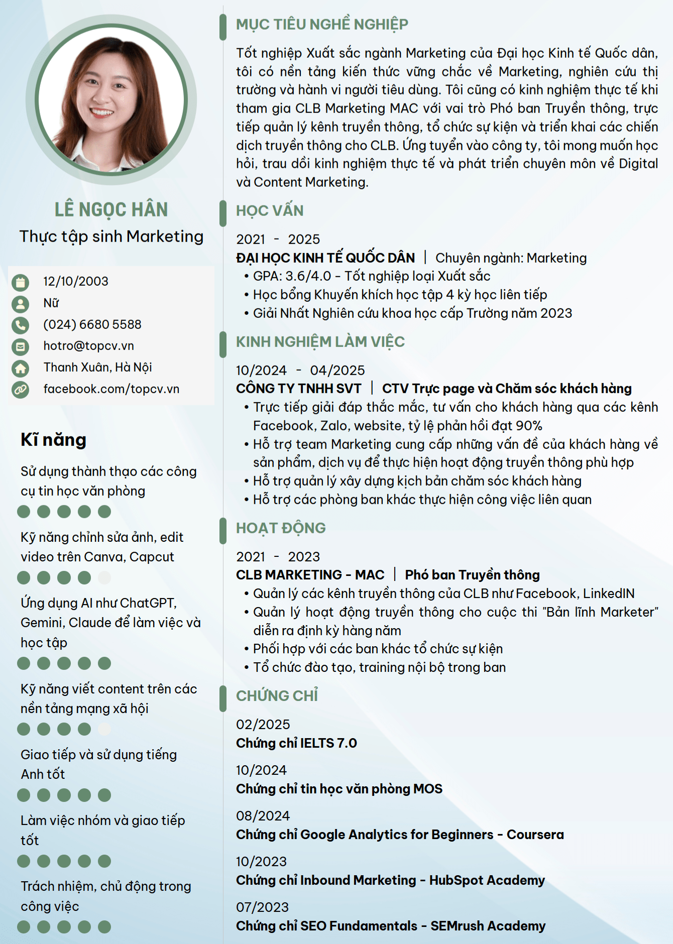 Mẫu CV Thực tập sinh Marketing tiếng Việt