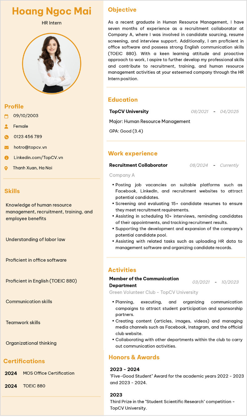 Mẫu CV Thực tập sinh Nhân sự tiếng Anh