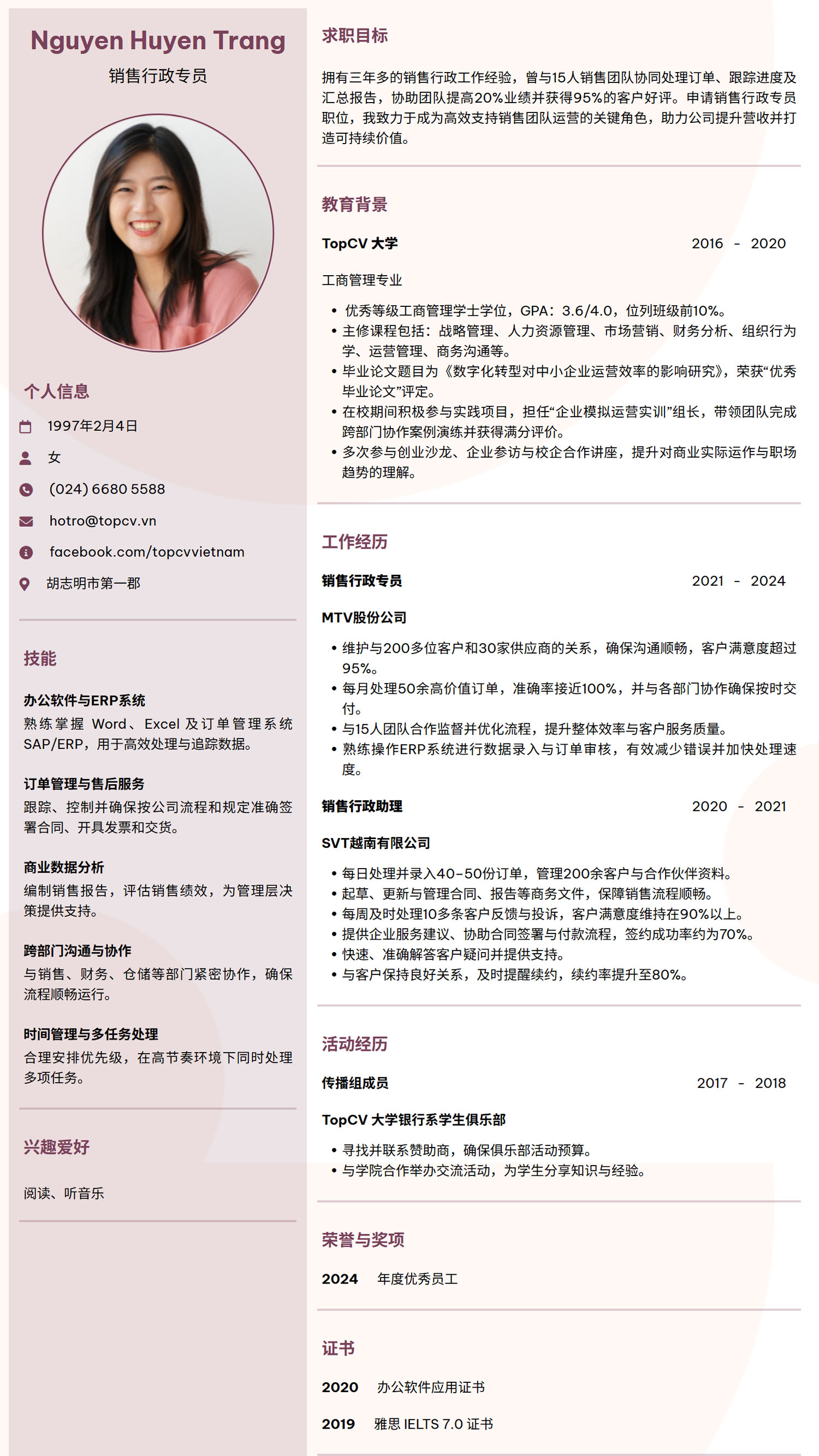mau cv tieng trung