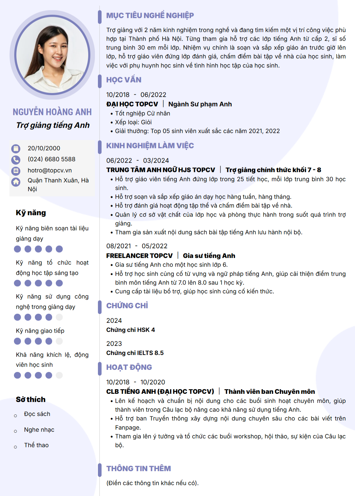 Tham khảo mẫu CV Trợ giảng tiếng Anh trên TopCV