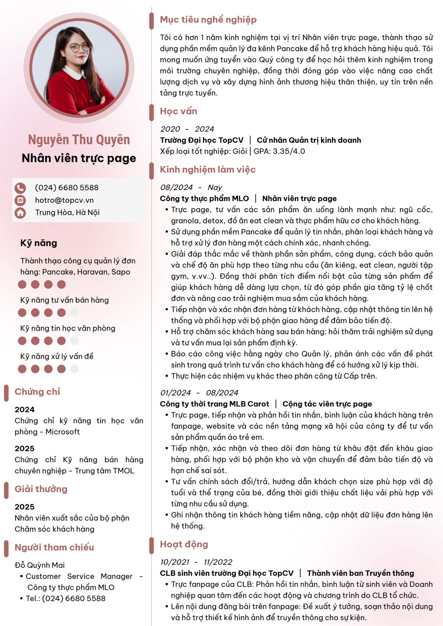 Mẫu CV Nhân viên trực page nổi bật trên TopCV