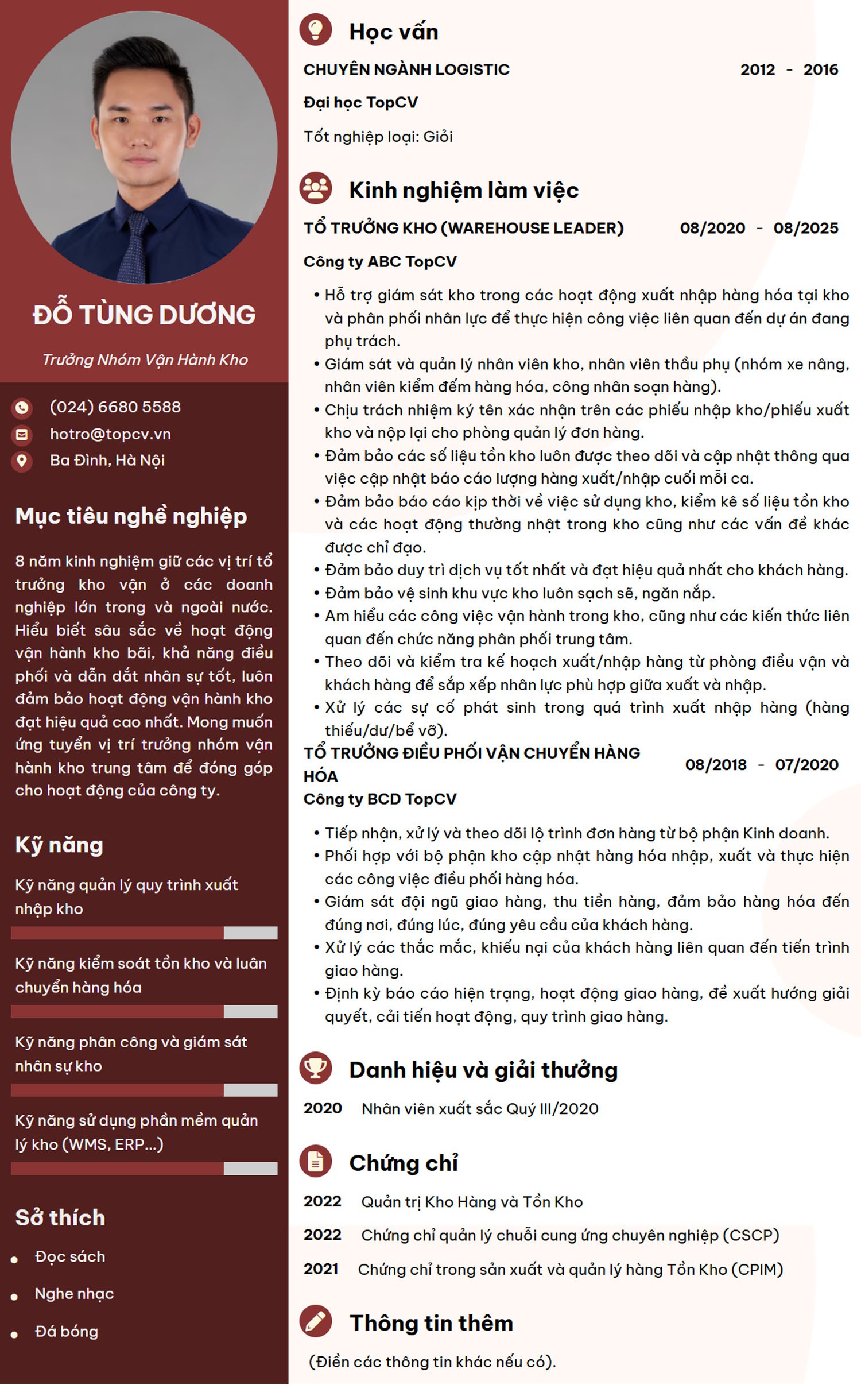 Mẫu CV Trưởng nhóm Vận hành kho