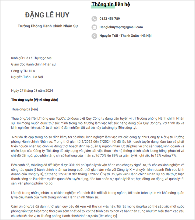 Mẫu Cover Letter ứng tuyển Trưởng phòng hành chính nhân sự tiếng Việt