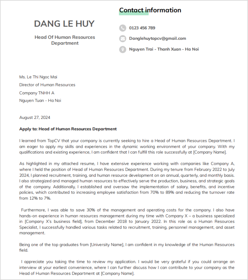 Mẫu Cover Letter ứng tuyển Trưởng phòng hành chính nhân sự tiếng Anh: