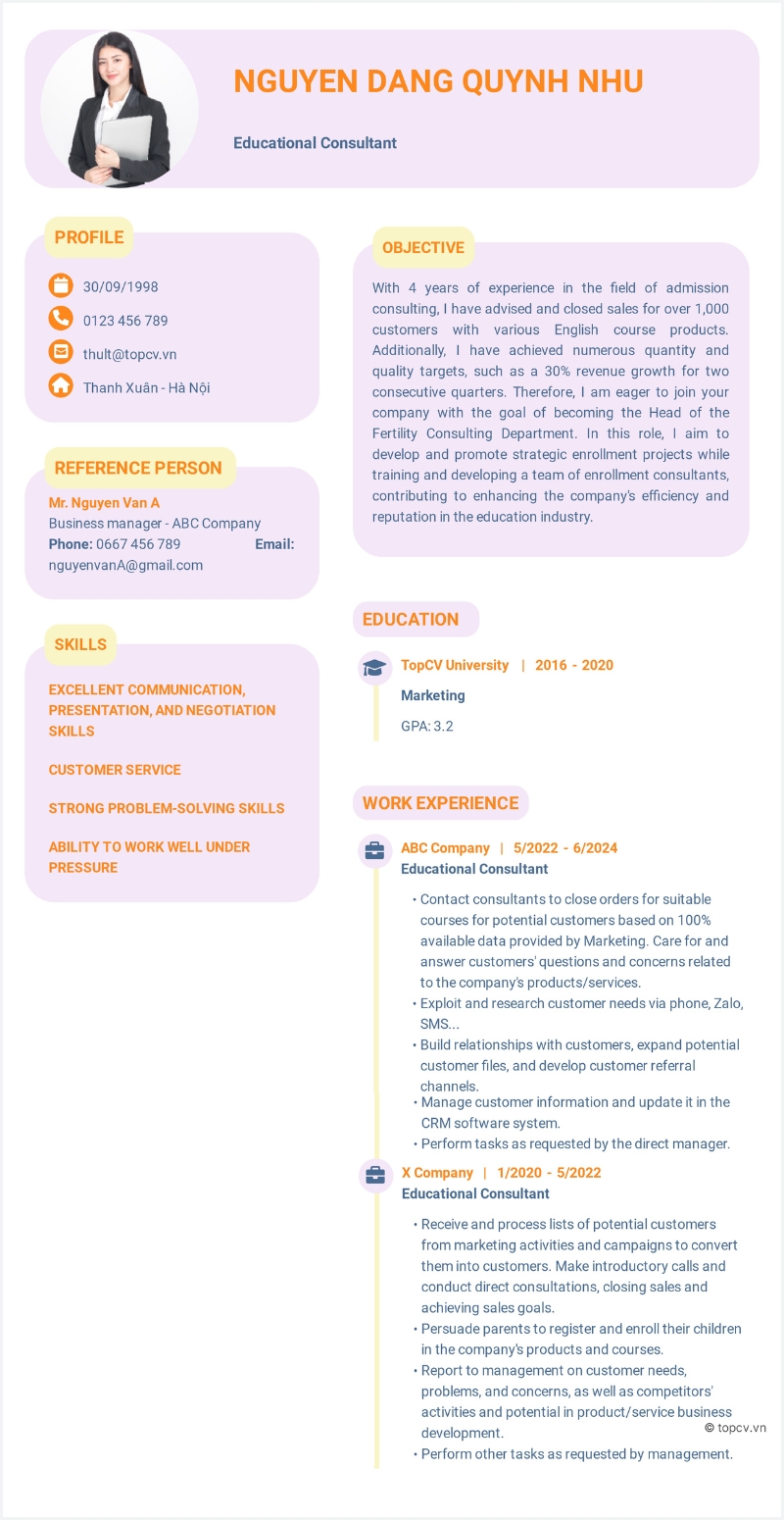 Mẫu CV Tư vấn tuyển sinh tiếng Anh