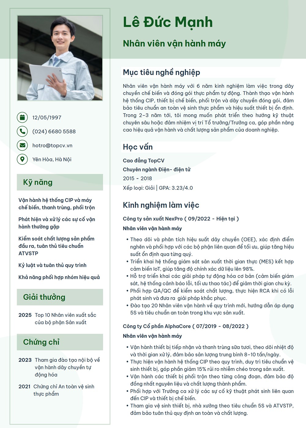 Mẫu CV Nhân viên vận hành máy ấn tượng