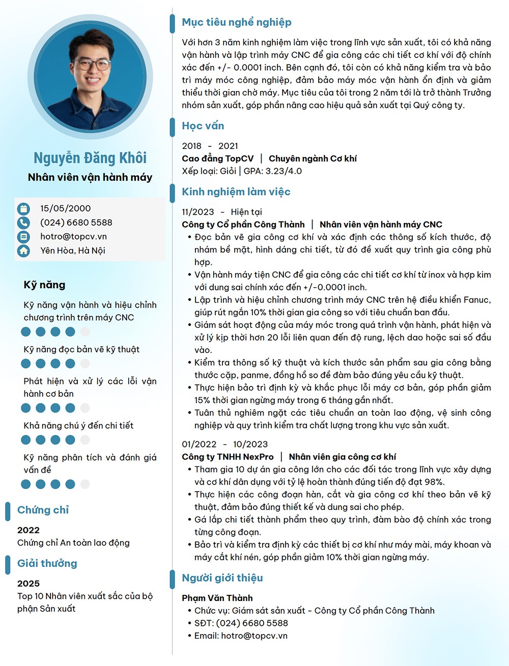 Mẫu CV Nhân viên vận hành máy đơn giản