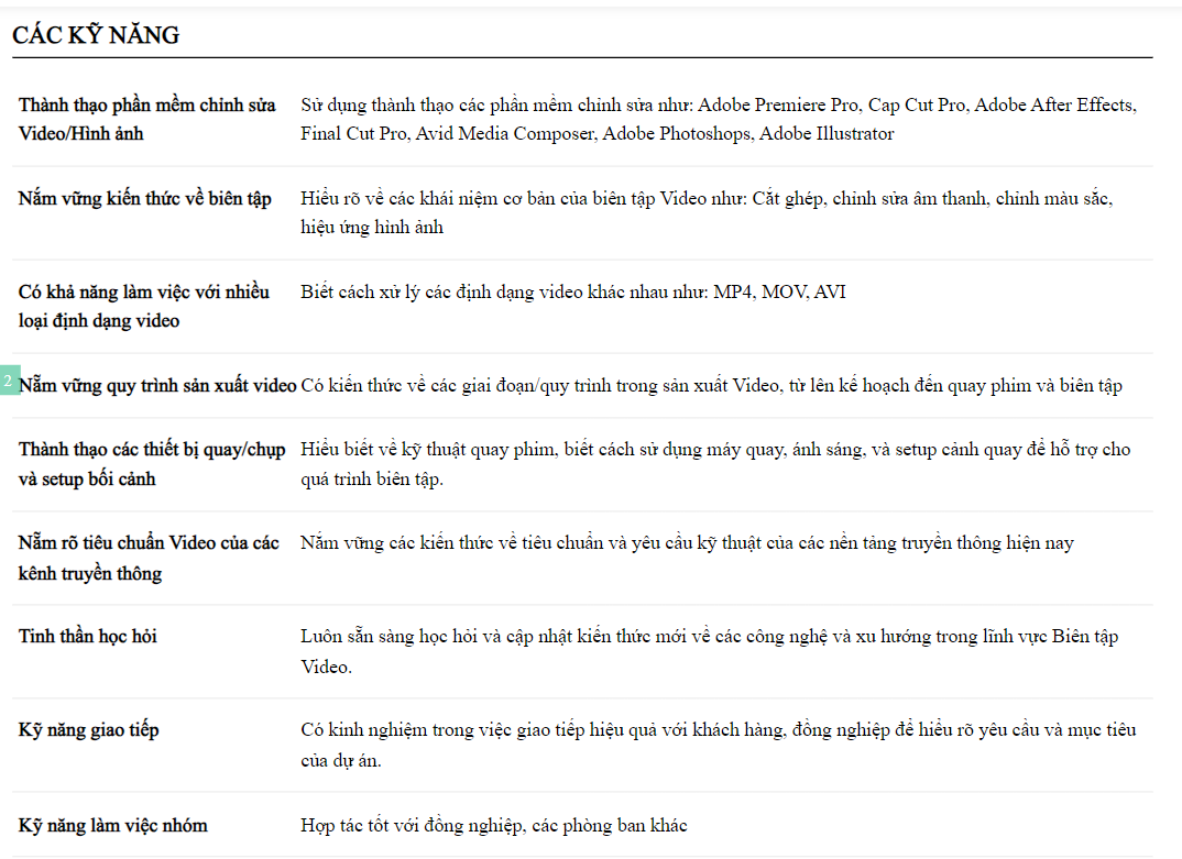 Ví dụ về kỹ năng trong CV Video Editor