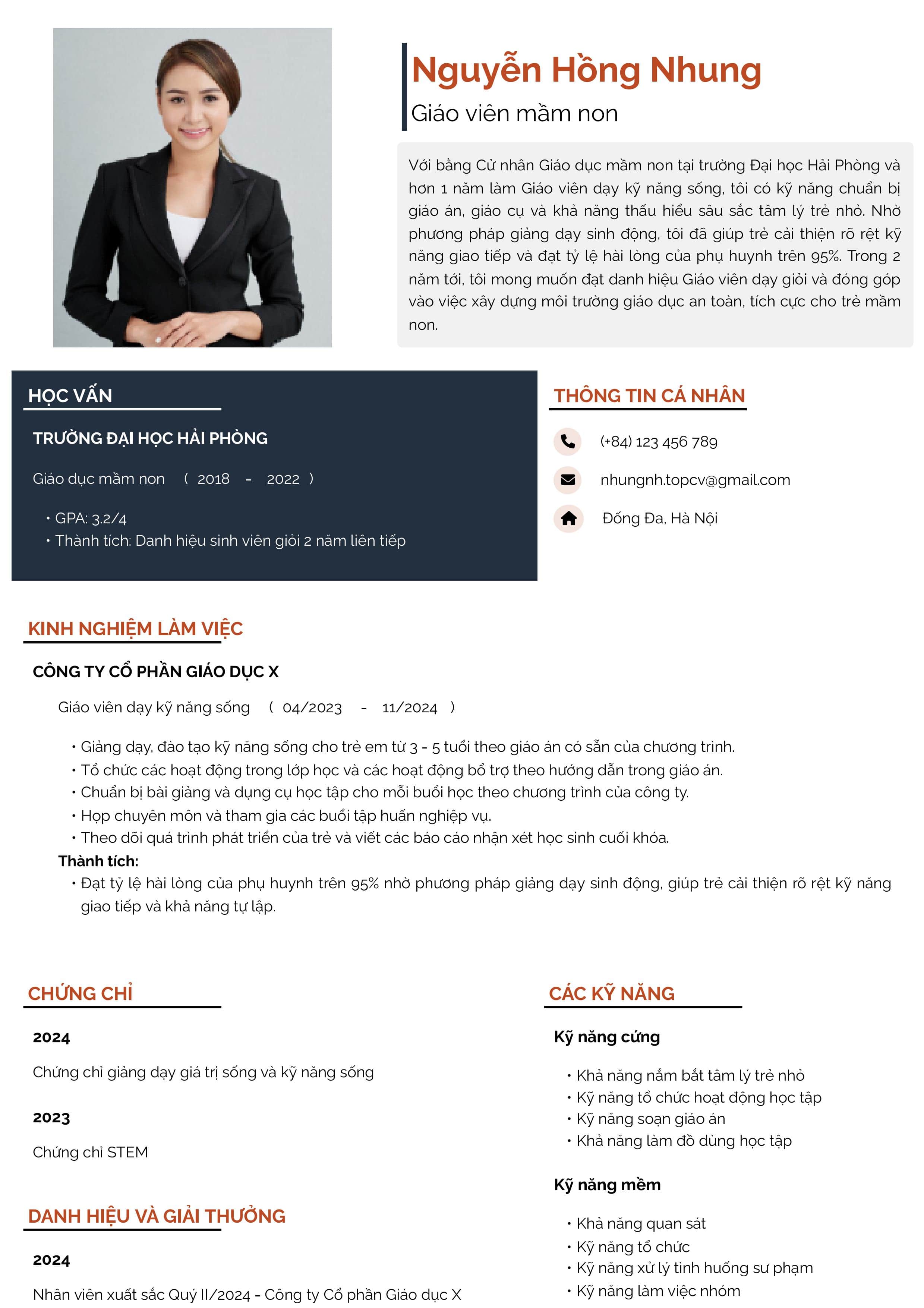 Mẫu CV Giáo viên mầm non cho người đã có kinh nghiệm (trái ngành)