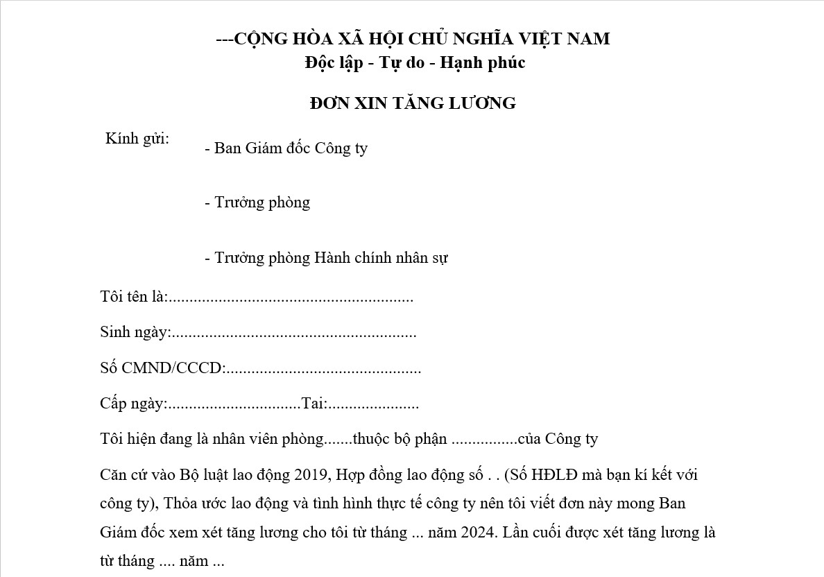 Mẫu đề xuất tăng lương số 01