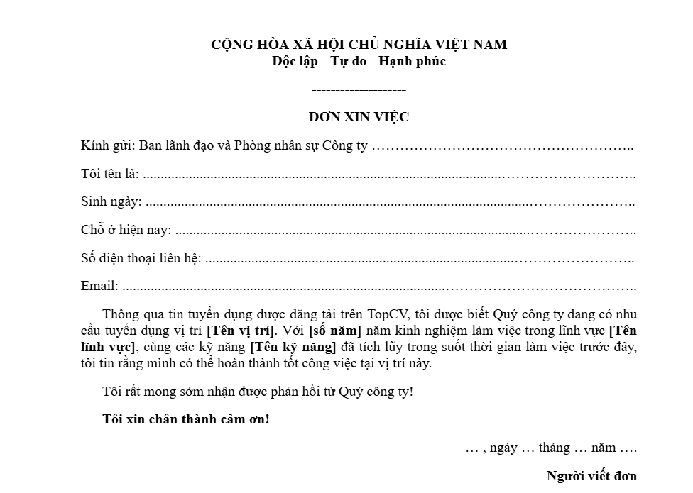 Mẫu đơn xin việc cơ bản cho nhiều ngành nghề