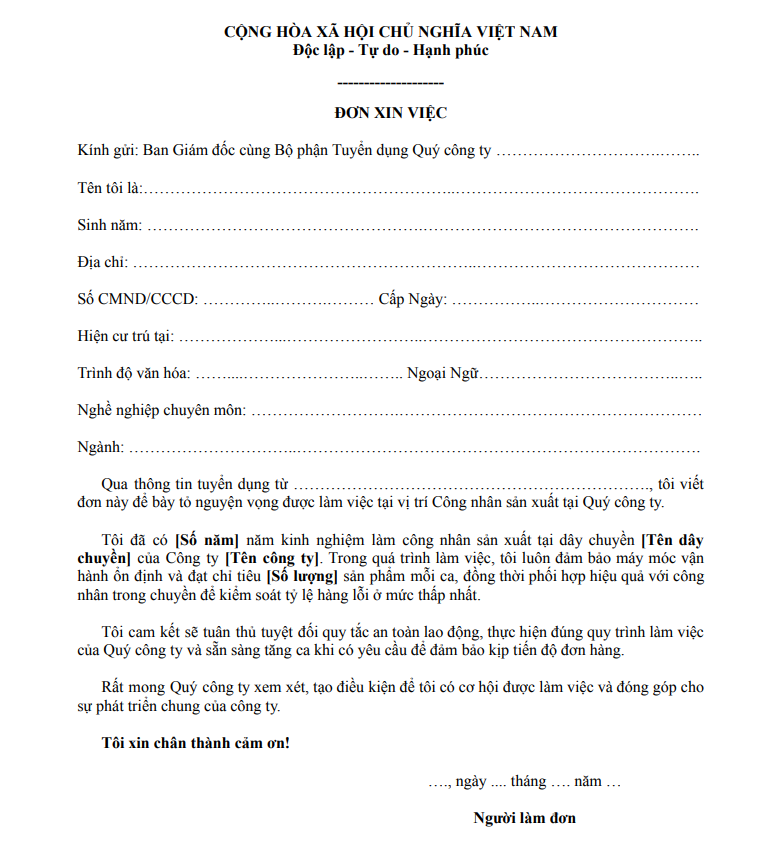 Đơn xin việc Công nhân