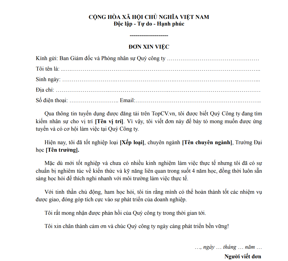 Mẫu đơn xin việc tham khảo cho sinh viên mới ra trường