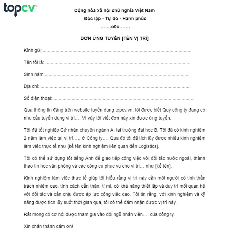 Mẫu đơn xin việc ứng tuyển ngành logistic