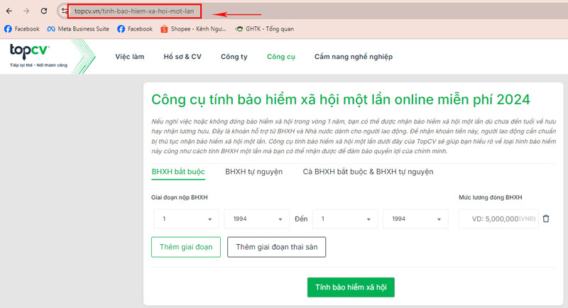 Truy cập vào công cụ tính BHXH 1 lần trên TopCV