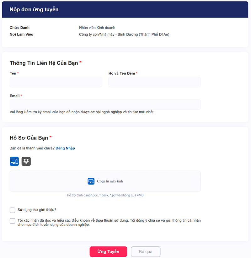 Form ứng tuyển việc làm tại kênh tuyển dụng chính thức của Hoa Sen Group