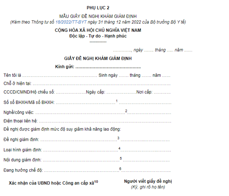 Mẫu Giấy đề nghị giám định thương tật theo quy định tại Phụ lục 2 kèm theo Thông tư 18/2022/TT-BYT