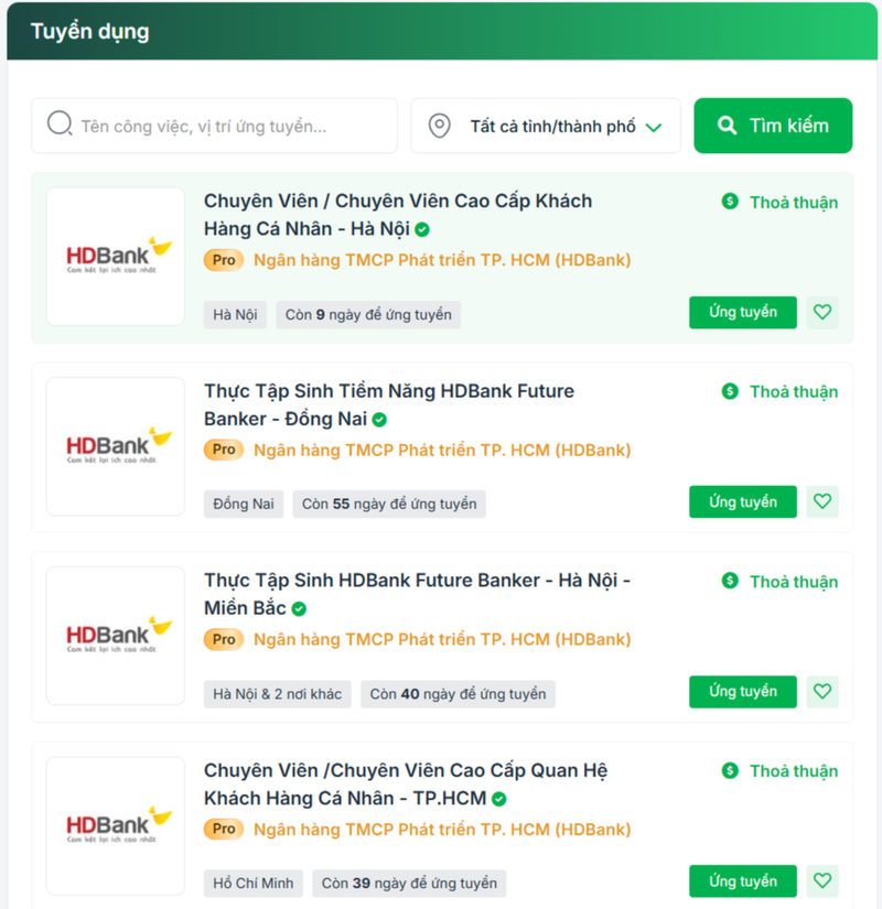 Ứng tuyển vào HDbank qua nền tảng tuyển dụng TopCV