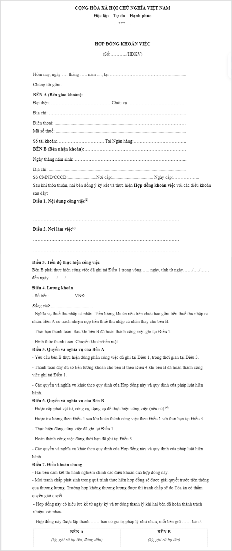 Mẫu hợp đồng khoán việc 1