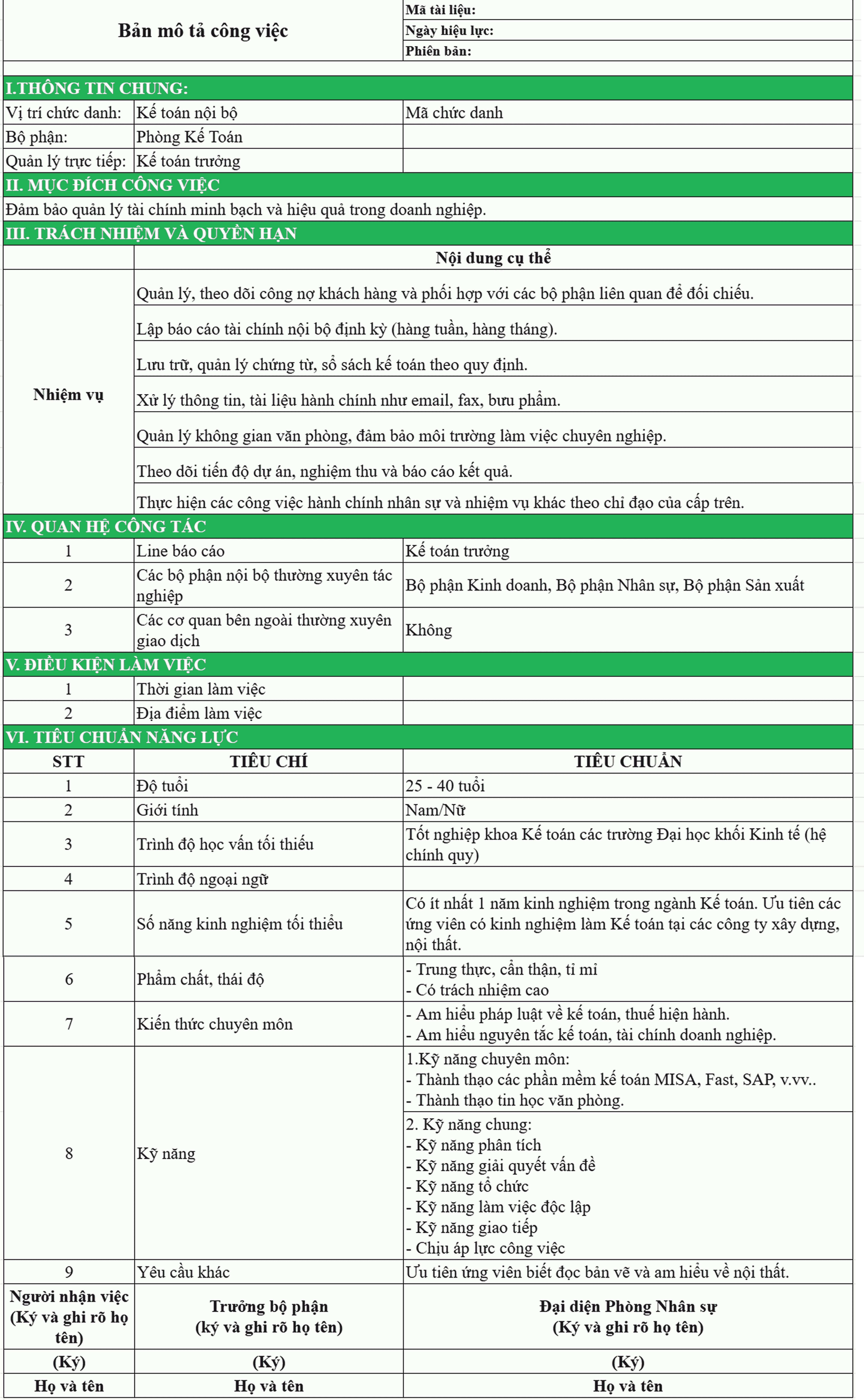 Mẫu mô tả công việc của Kế toán nội bộ số 2