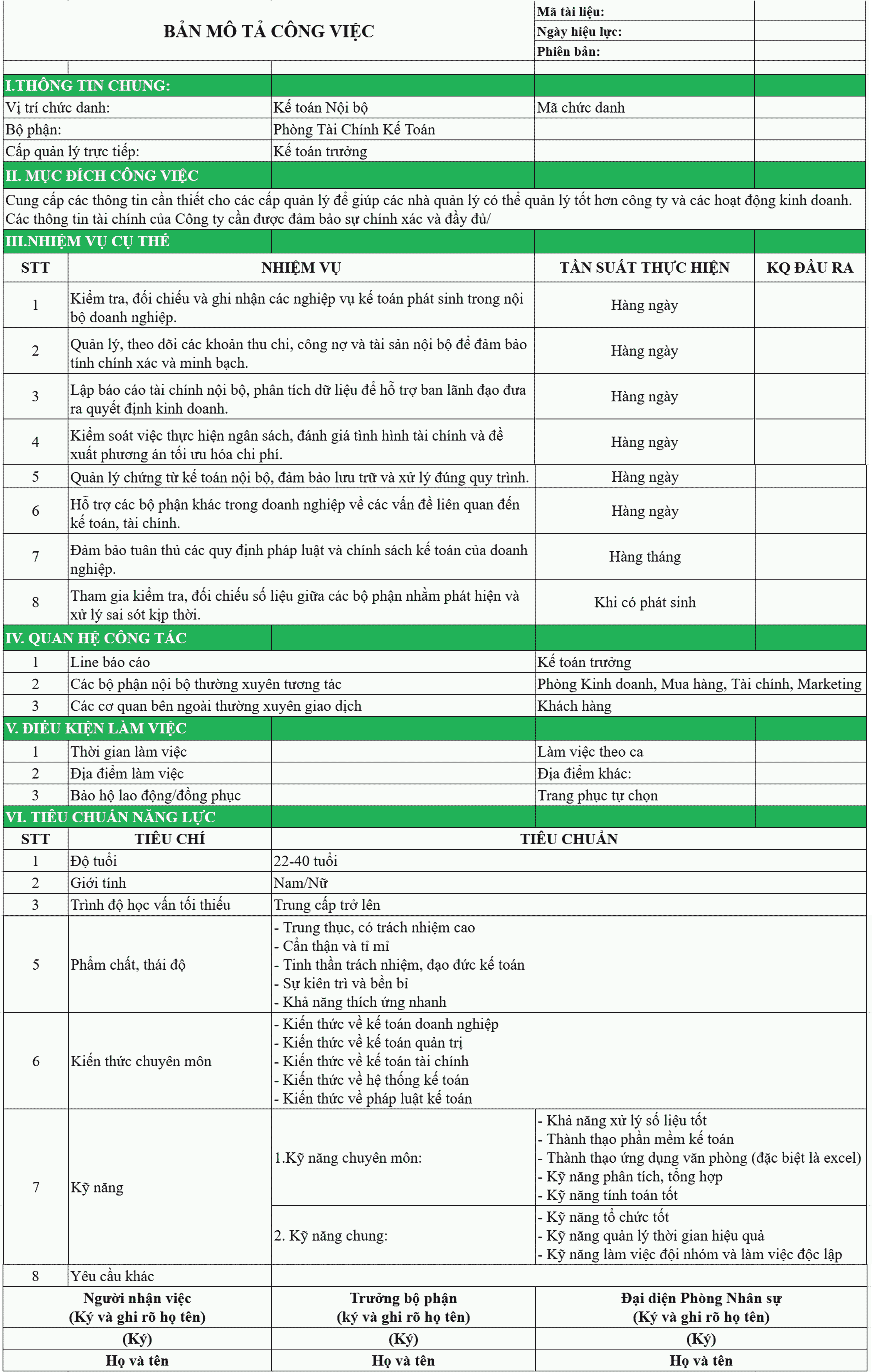 Mẫu mô tả công việc của Kế toán nội bộ số 4