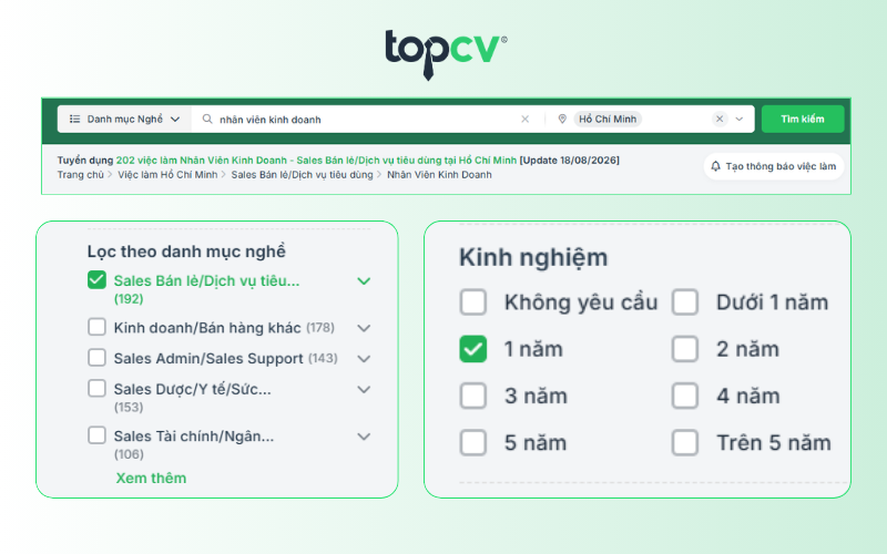 Tìm việc làm theo kinh nghiệm trên TopCV