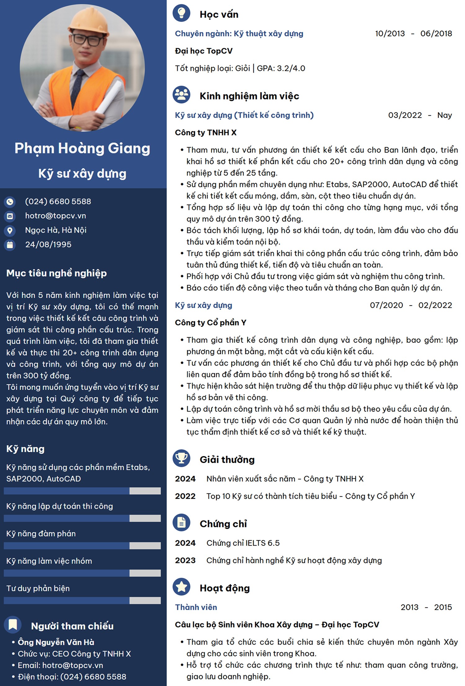 Mẫu CV Kỹ sư xây dựng chuyên nghiệp
