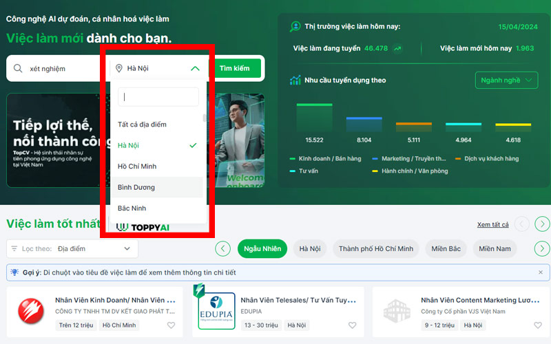 Chọn khu vực bạn muốn làm việc