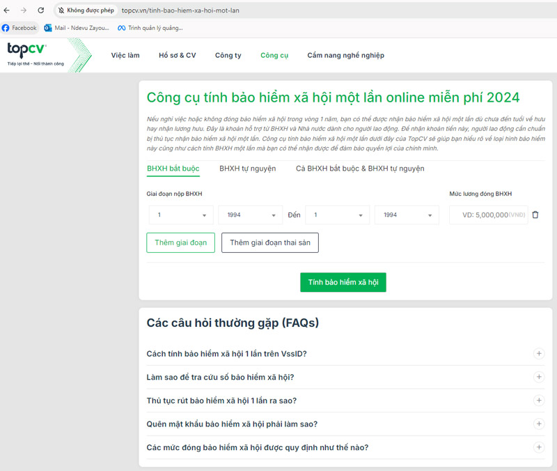Truy cập vào công cụ tính BHXH 1 lần của TopCV