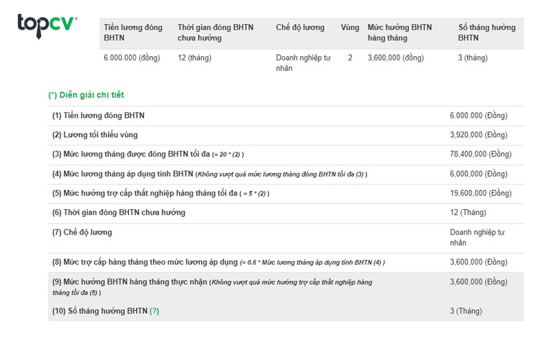 Công cụ tính mức hưởng bảo hiểm thất nghiệp online của TopCV trả kết quả về rất chi tiết