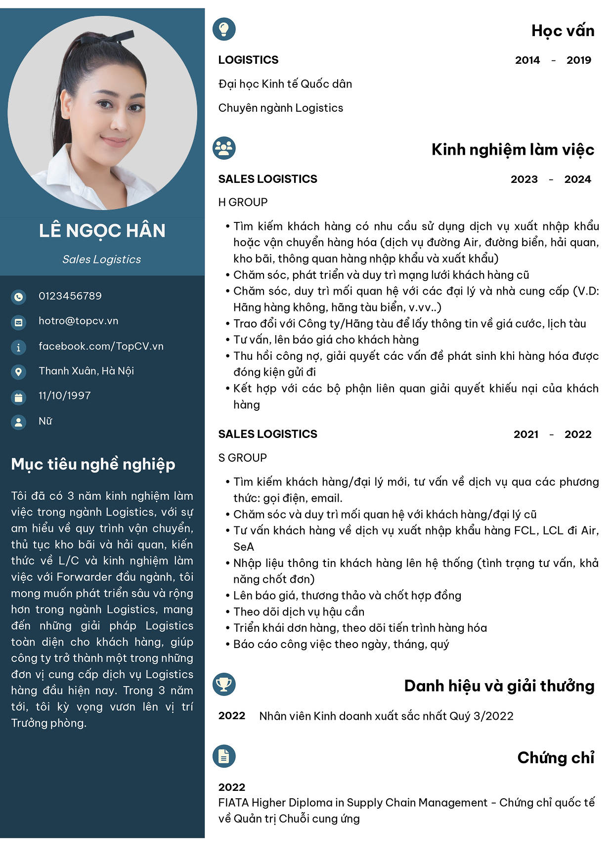 Mẫu CV ứng tuyển vị trí Sales Logistics