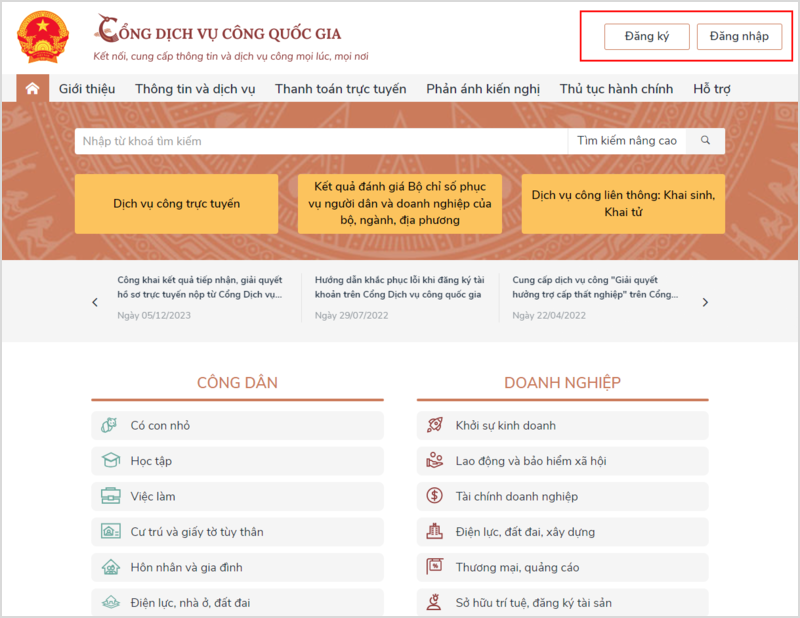 Truy cập vào website của Cổng Dịch vụ công Quốc gia
