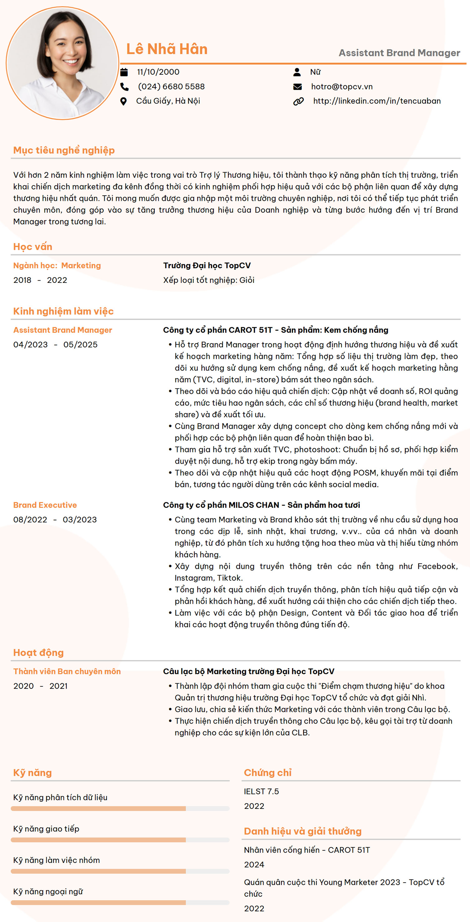 Tham khảo mẫu CV Assistant Brand Manager