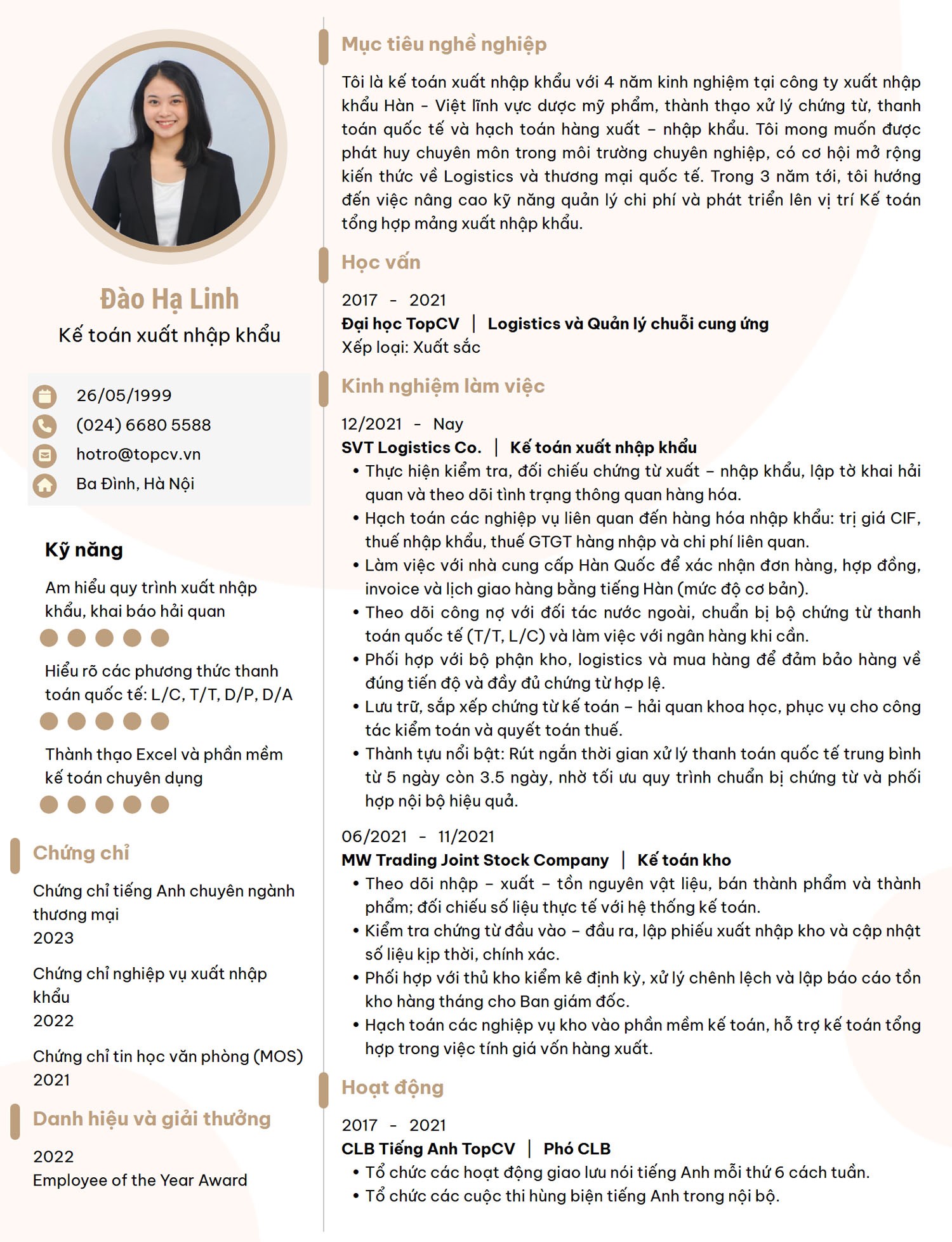Ví dụ Mẫu CV ATS áp dụng cho vị trí&nbsp; Kế toán xuát nhập khẩu