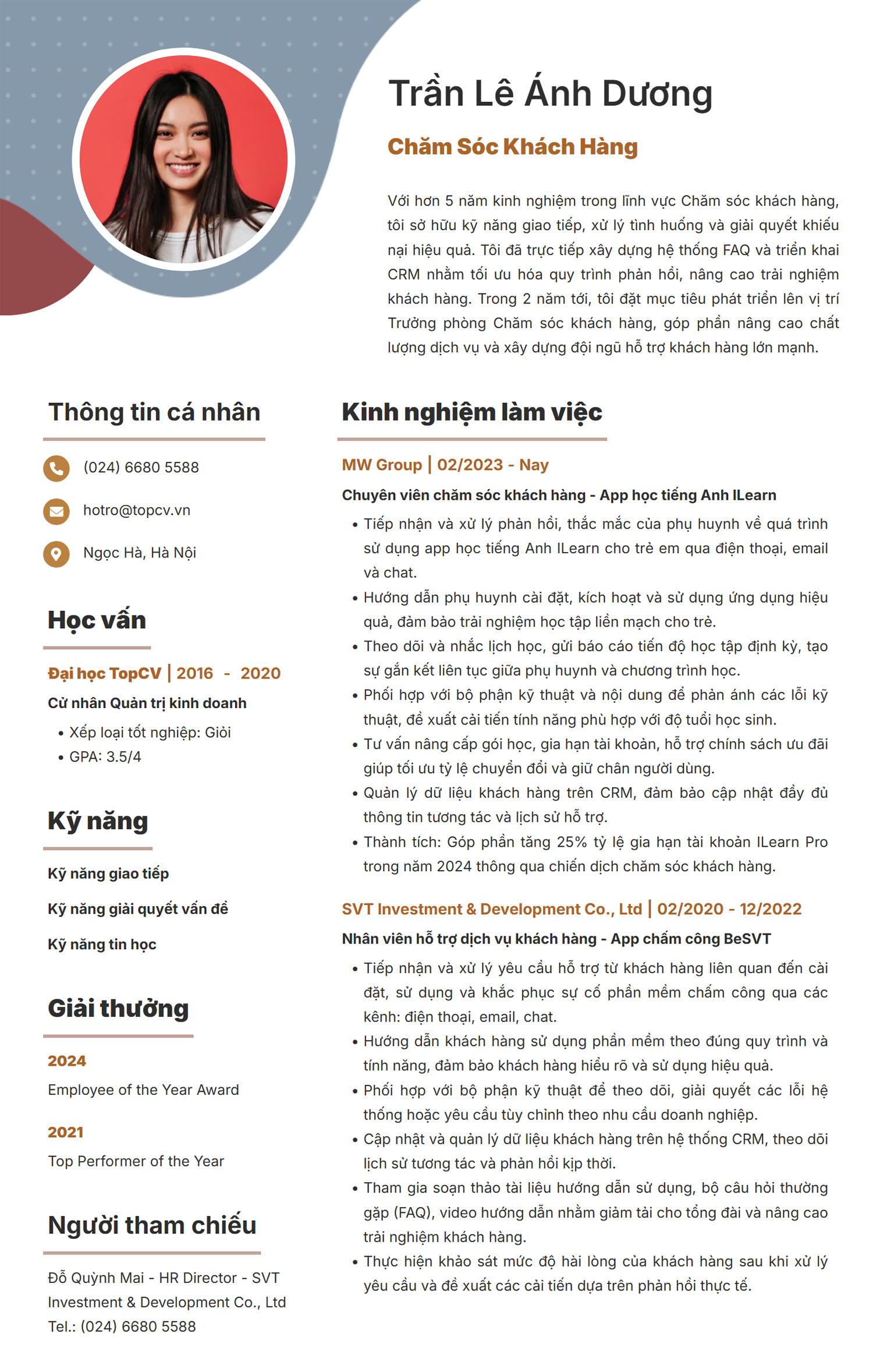 Mẫu CV ATS Chăm sóc khách hàng
