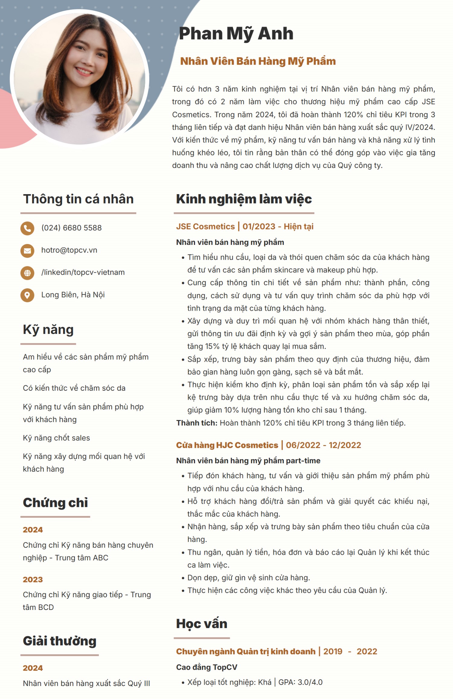 Mẫu CV xin việc Bán hàng mỹ phẩm ấn tượng