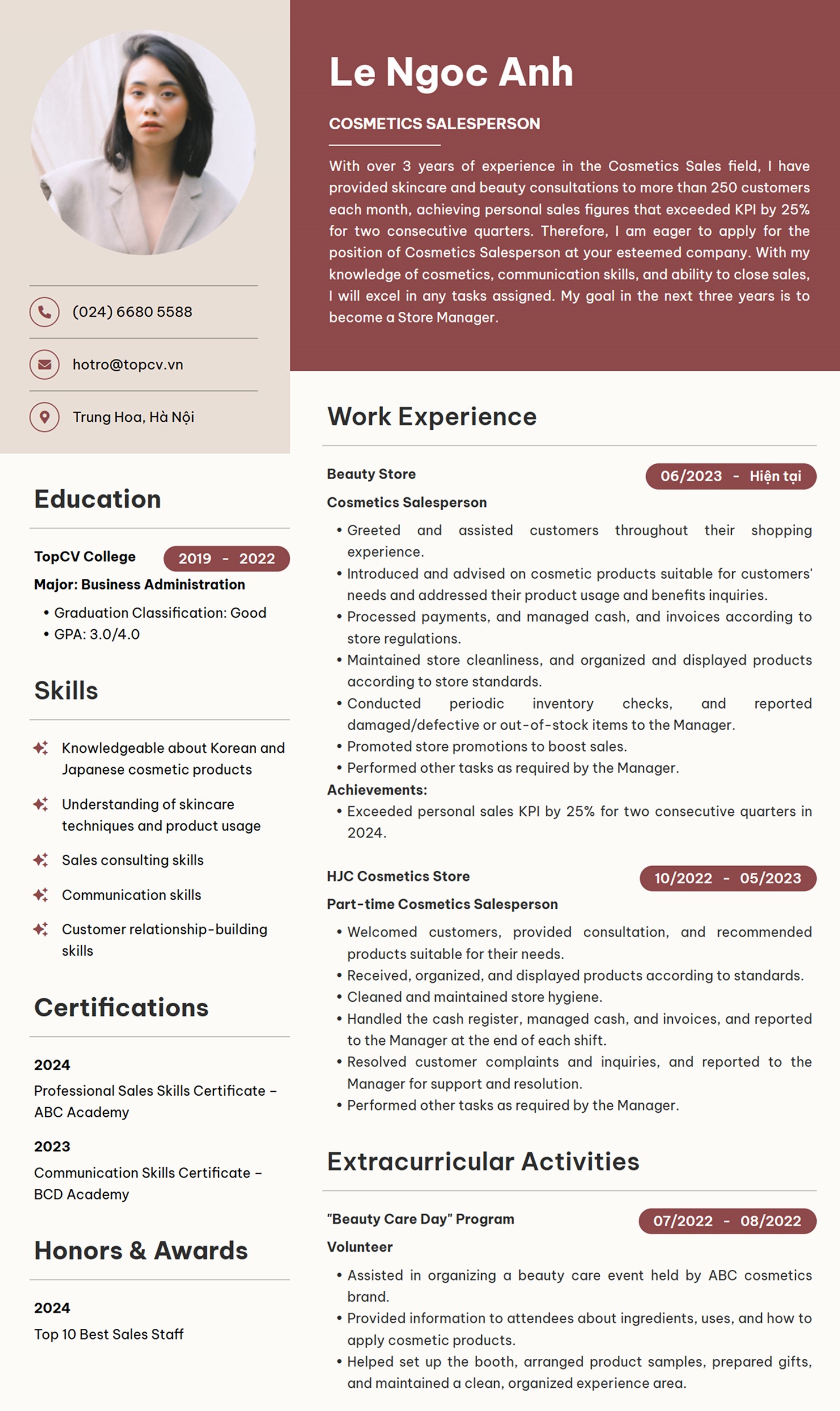 Mẫu CV xin việc Bán hàng mỹ phẩm tiếng Anh