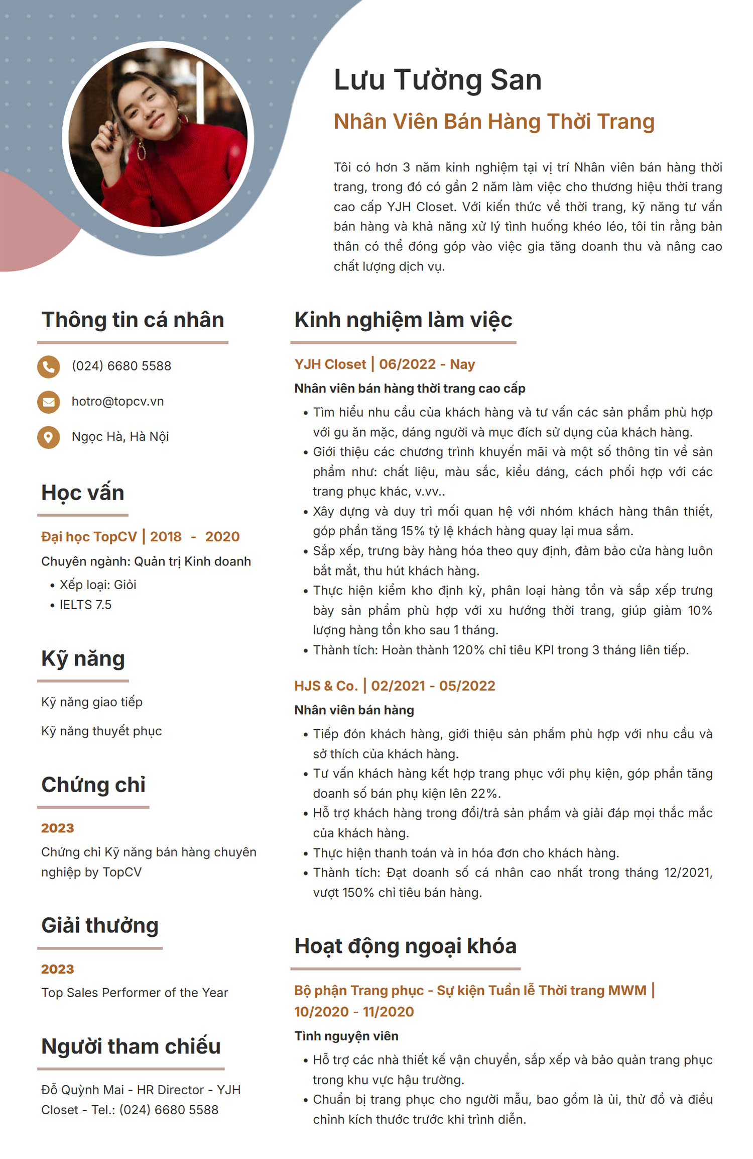 Mẫu CV Nhân viên bán hàng thời trang