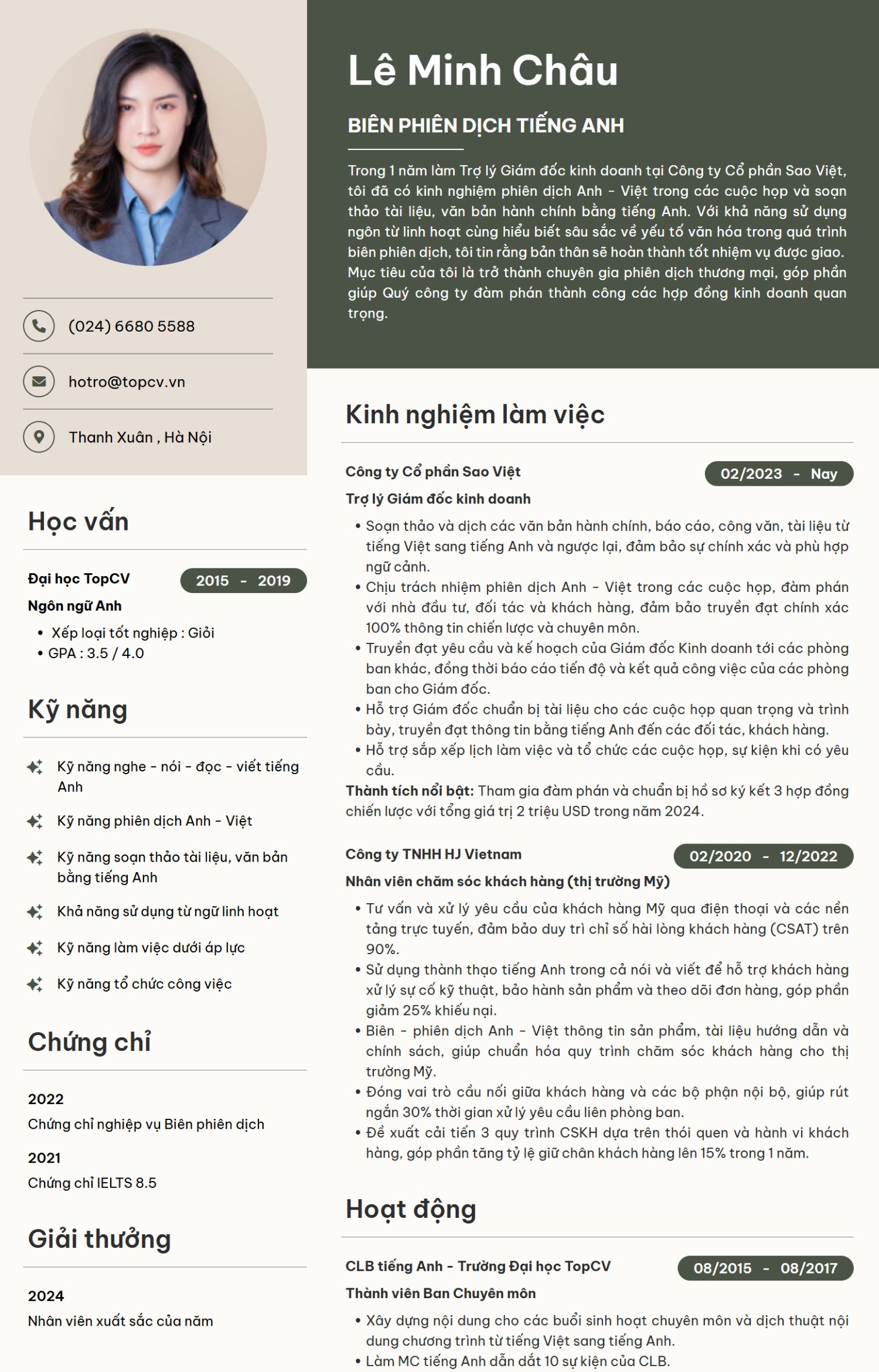 Mẫu CV Biên phiên dịch tiếng Anh
