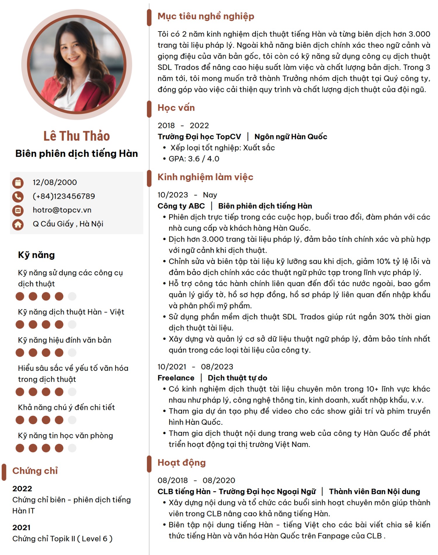 Mẫu CV xin việc Biên/Phiên dịch tiếng Hàn