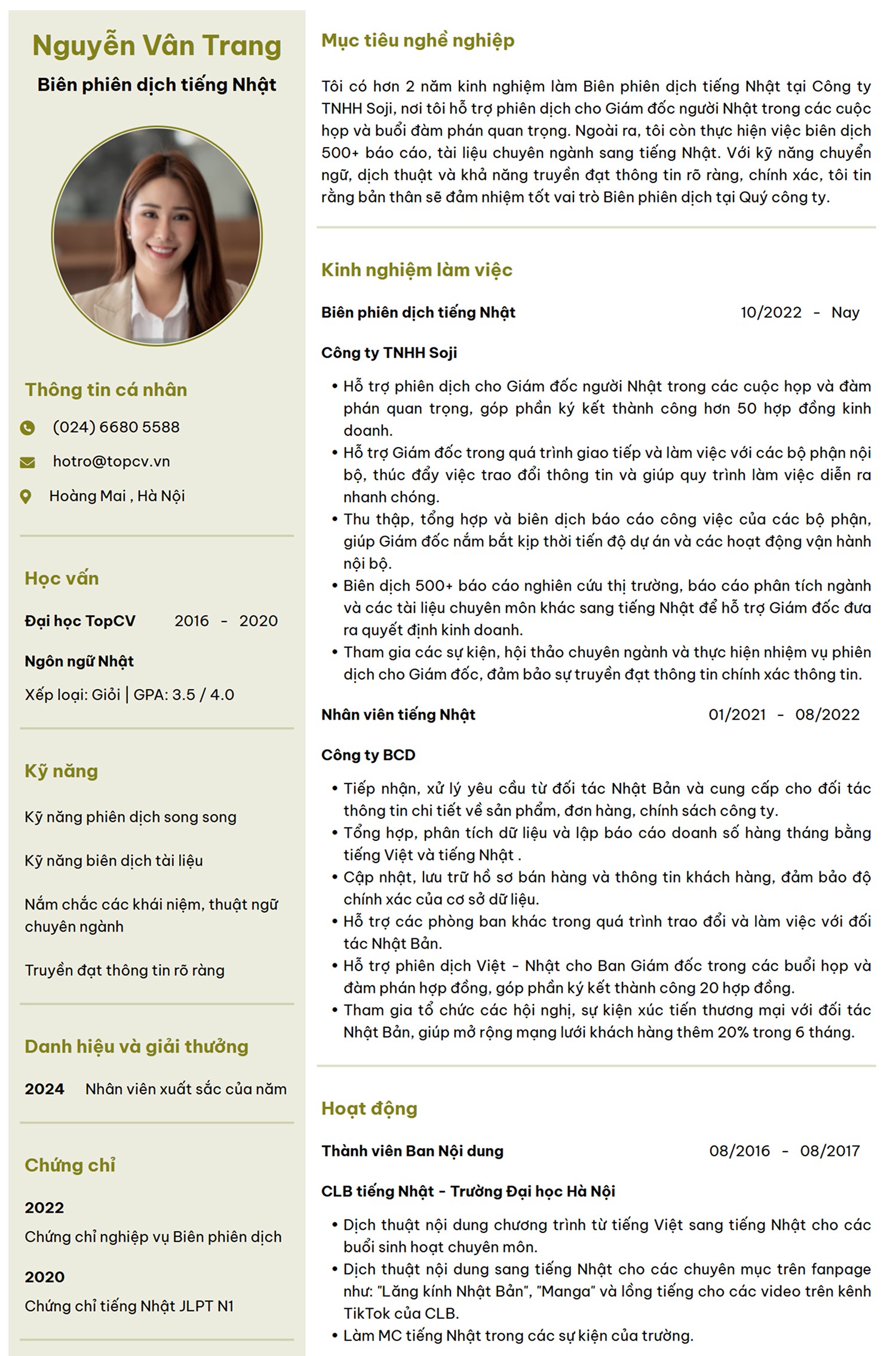 Mẫu CV xin việc Biên/Phiên dịch tiếng Nhật ấn tượng