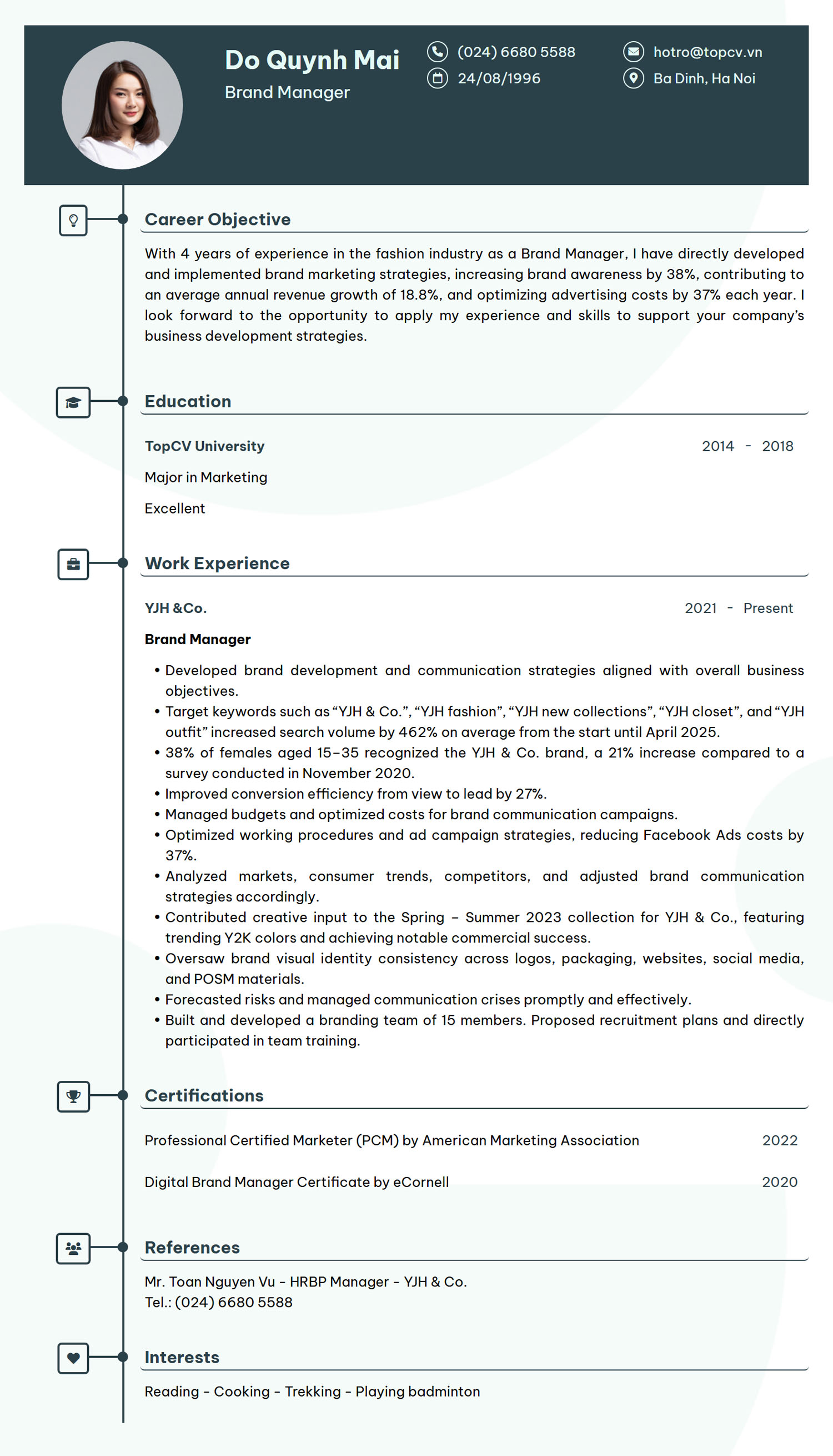 Mẫu CV Brand Marketing Tiếng Anh