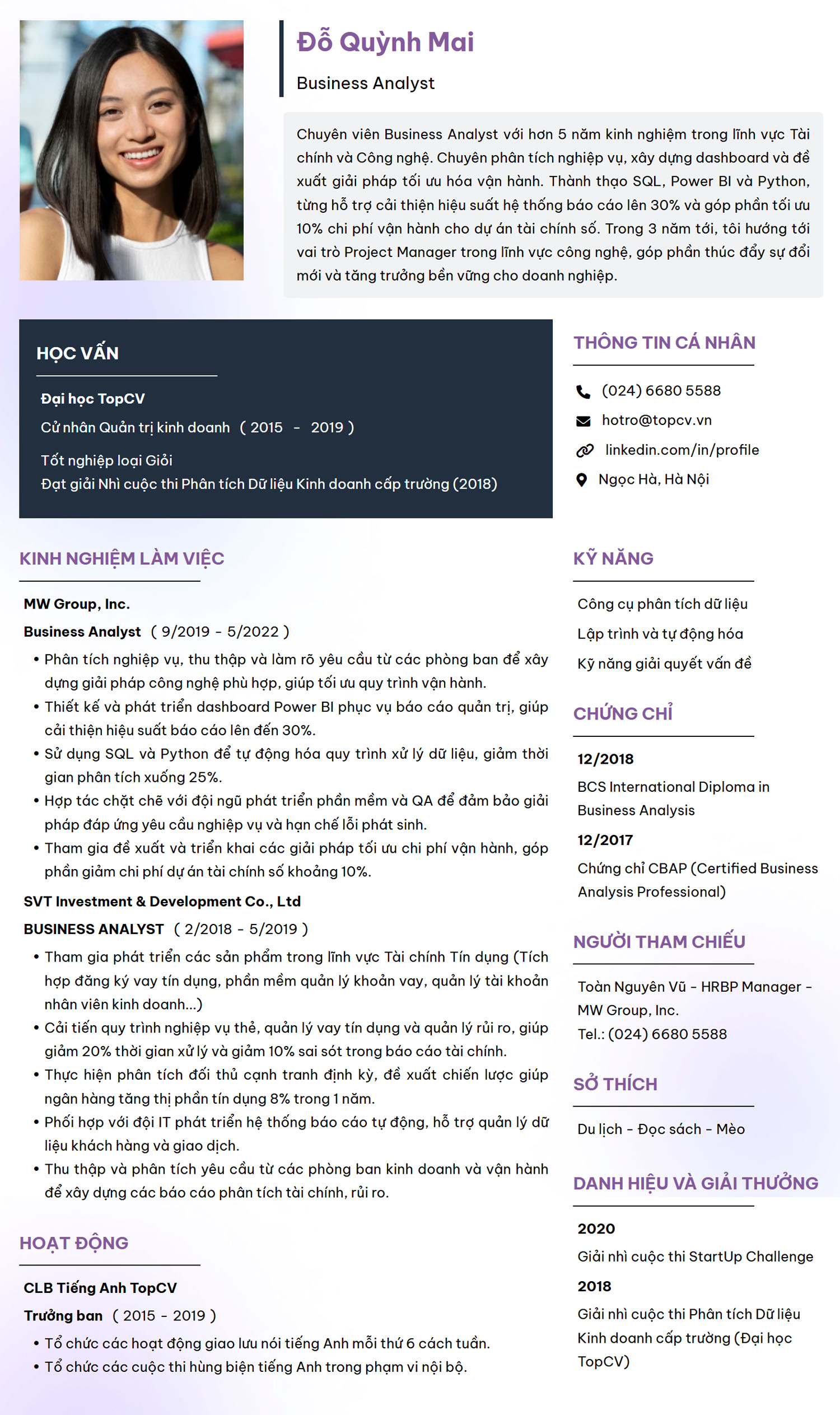 Mẫu CV Business Analyst tiếng Việt
