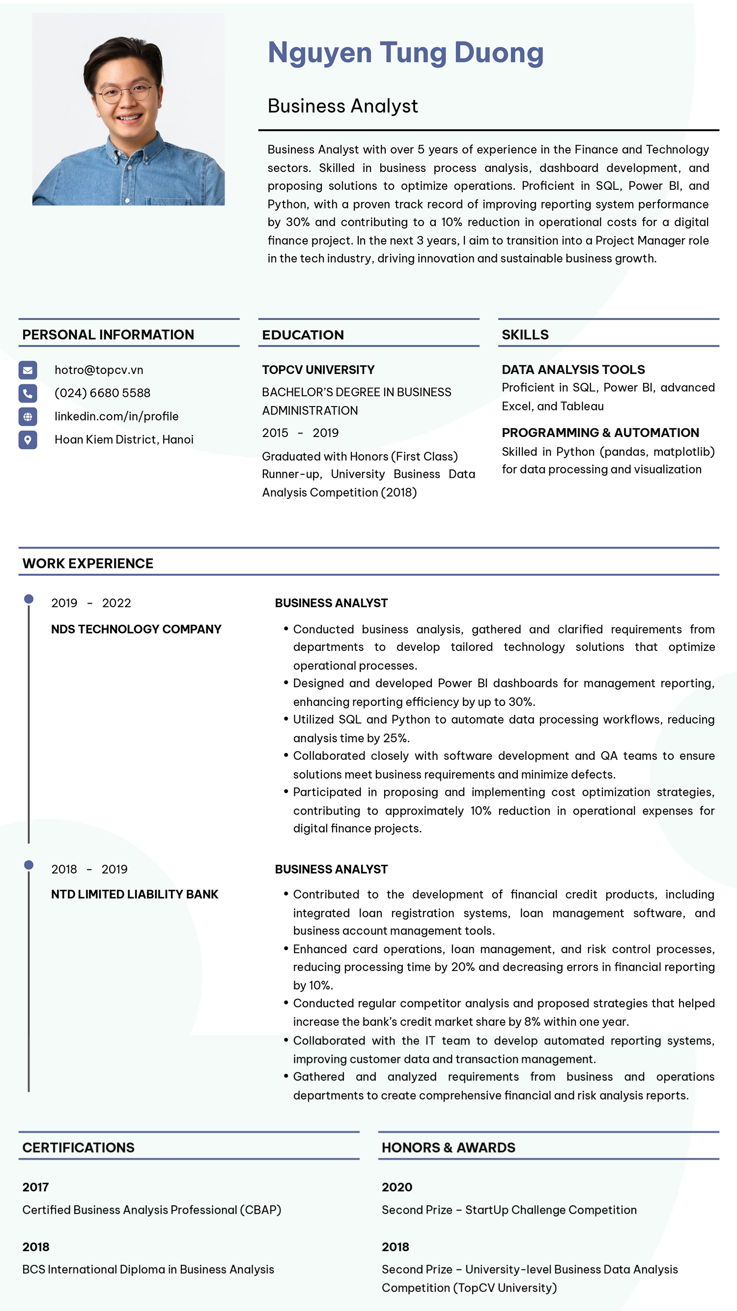 Mẫu CV Business Analyst tiếng Anh
