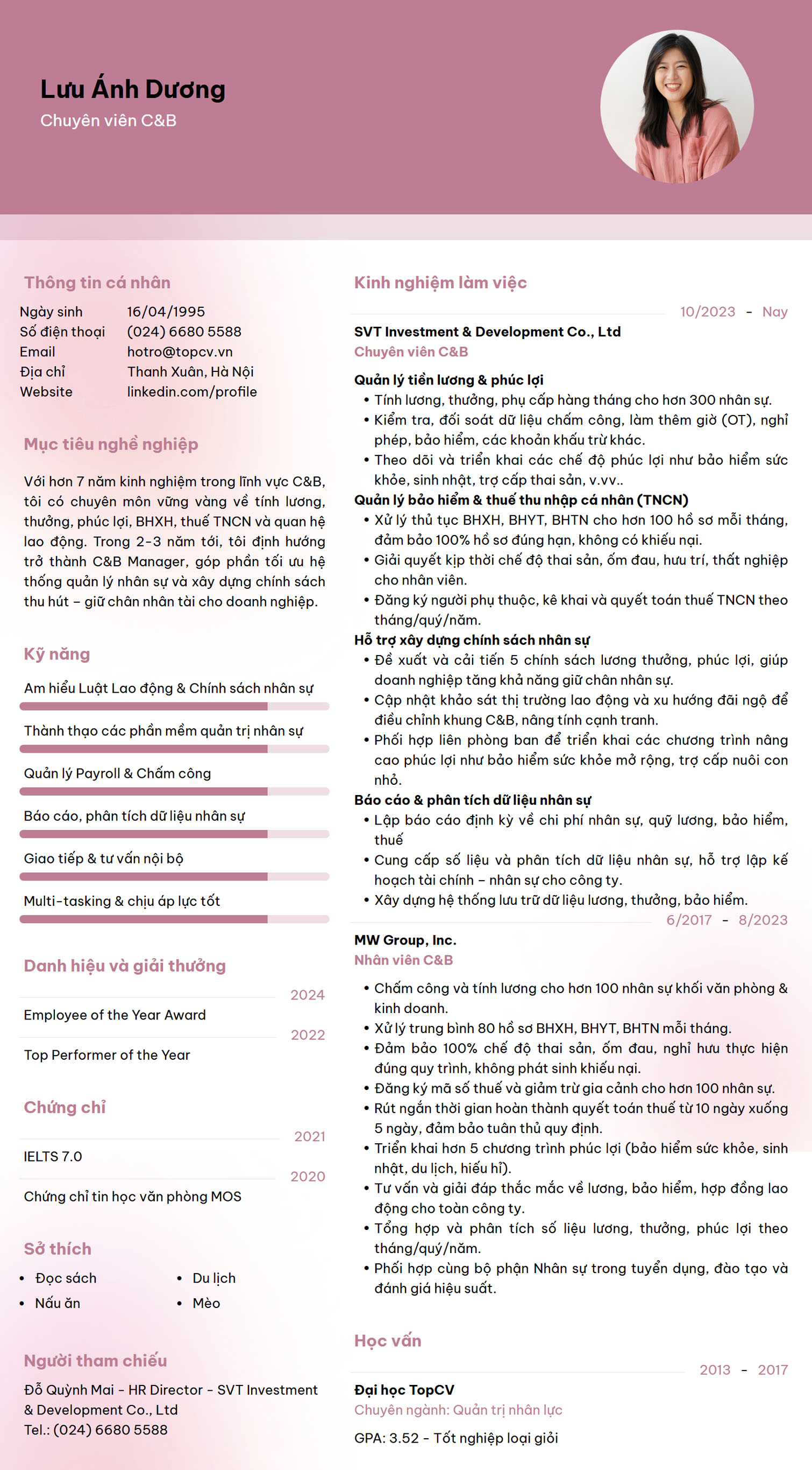 Tham khảo mẫu CV C&B thanh lịch